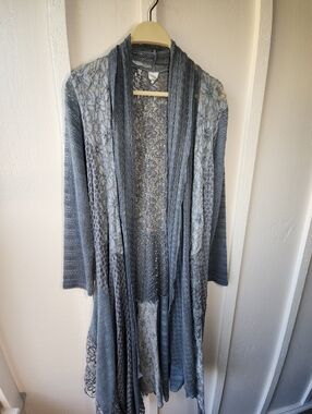 This & That Blue Lace Knit Open-Front Women's Cardigan Sweater Patchwork